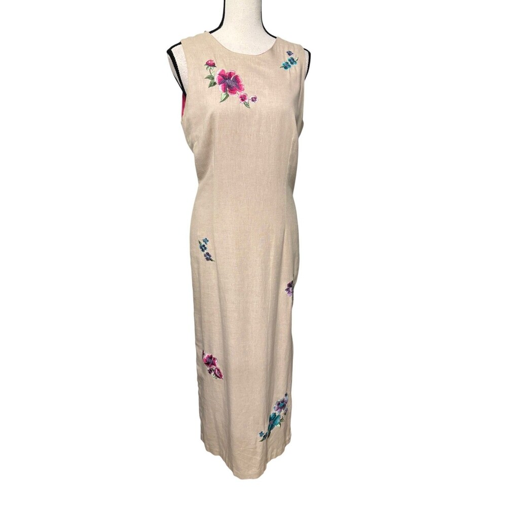Vintage Focus 2000 Linen Blend Maxi Column Dress Sz 14 Tan Florals